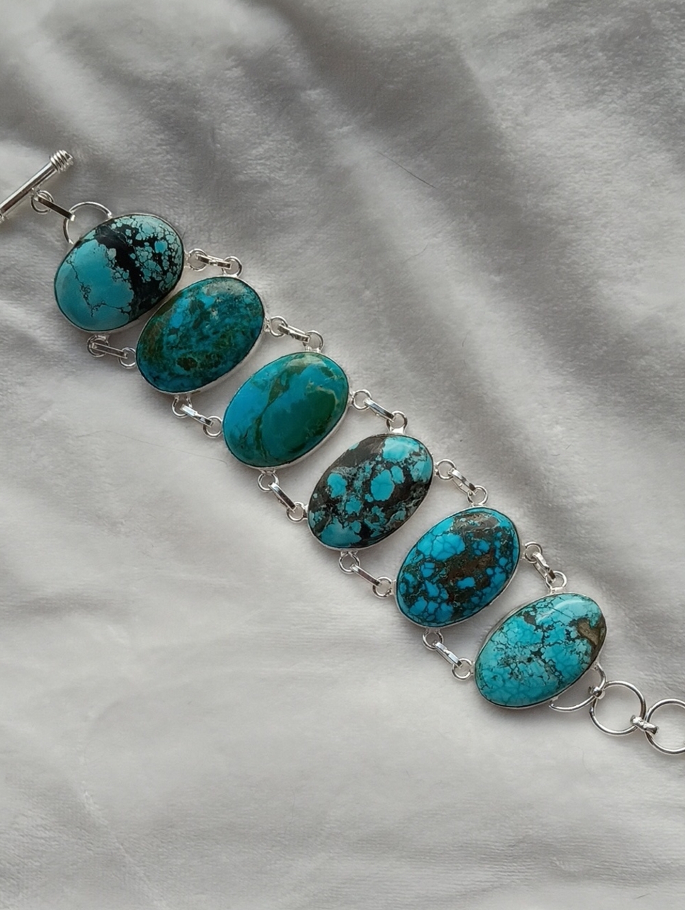 Silver Tibetan Turquoise Oval Link Bracelet, 6-8 Inches, Adjustable, New w/o Tag
